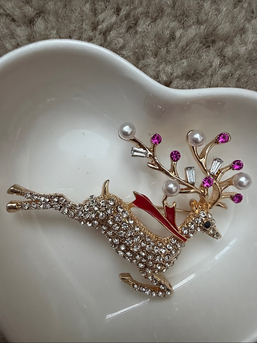 Crystal Reindeer Brooch Pin in Gold with Pink Accents - Picture 3 of 3